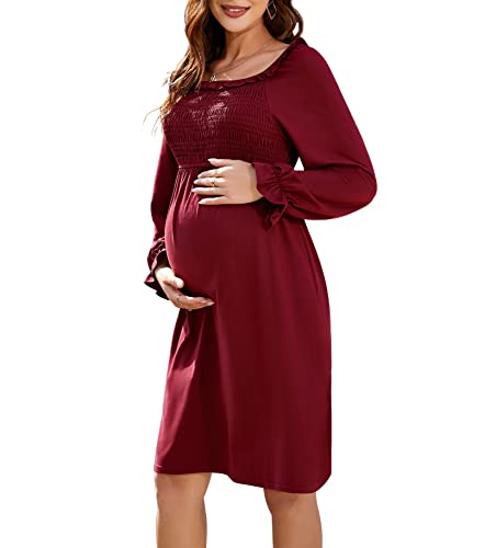 Clearlove Vestido de maternidad para mujer, hombros descubiertos, manga larga, vestido de lactancia, vestido de embarazo, monocolor, vestido de fiesta, borgoña, L