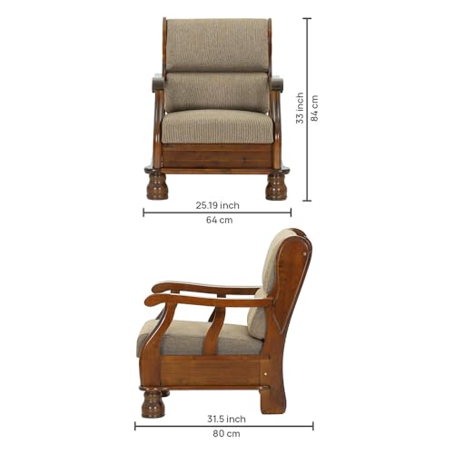 Image of Royaloak Melaka Wooden Single Seater Sofa with Brown Colour Cushion | Solid Wood | Fabric Cushion Cover | Moulded Foam Cushions | Curved Arm Design | Durable & Long Lasting | Malaysian Collection