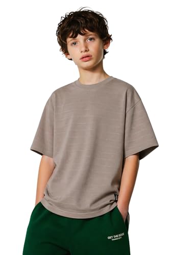 Image of Alan Jones Clothing Boys Oversized T-Shirt with Embossed Stripe Design | Half Sleeve Round Neck Casual Tee for Kids