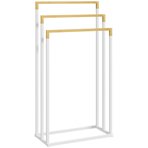 kleankin Porte-Serviettes en Bambou et Acier sur Pieds avec 3 Barres Support pour Serviette 45 x 22,5 x 86 cm - Blanc et Naturel