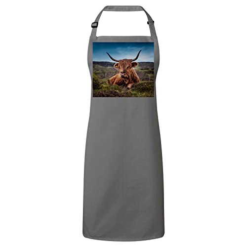 Tablier cuisine premium gris anti-taches imprimé taureau Highland pour grand chef