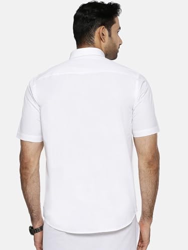 Image of RAMRAJ COTTON Men White Half Sleeve Shirt Crafted For Comfort| Durability| And Timeless Everyday Style