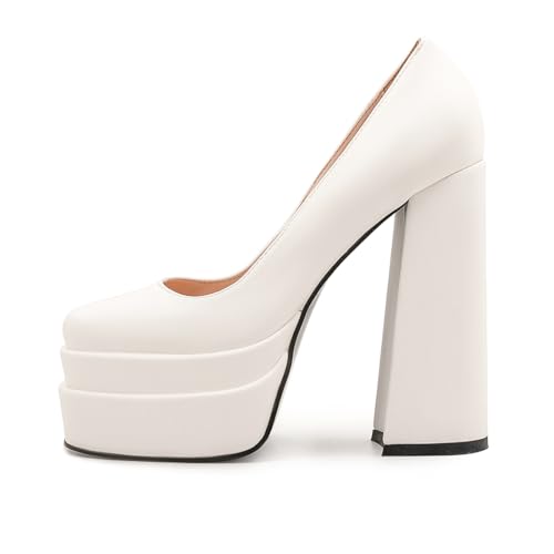 2024 Autumn Chunky Heels high Block Heels Platform Heels White Wedding Shoes Round Toe Slip on Dress Pumps Shoes for Women2