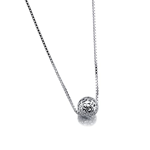 Women 925 Sterling Silver Necklace - Pattern Hollow Ball Pendant Choker- Charm Box Chain 17