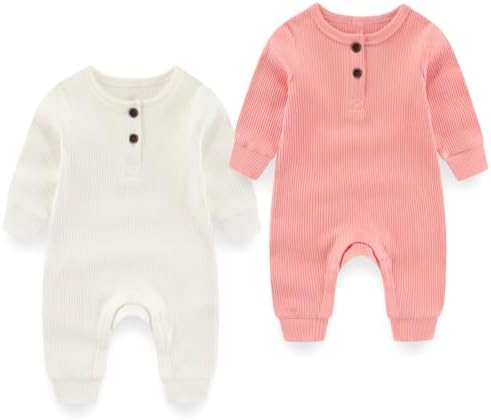 BIGBIGKISS Baby Boy Girl Romper 2 Pack Long Sleeve Button Jumpsuit Cotton Unisex Infant Baby Clothes for 0-24 Months