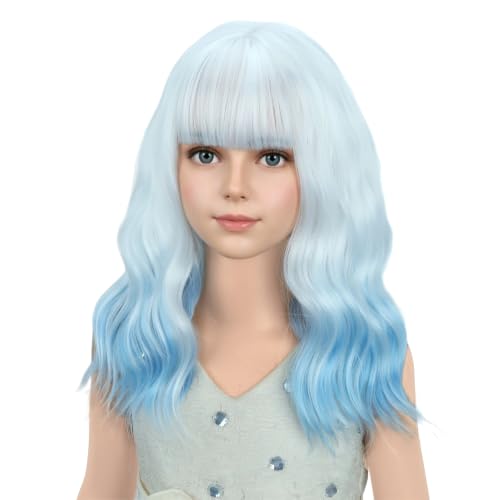 Image of PATTNIUM Girls White Ombre Blue Short Wavy Curly Wig with Bangs Kids Ombre Blue Bob Wigs Synthetic Halloween Costume Cosplay Party Wigs