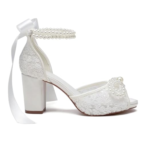Image of Lace Pearl Wedding Shoes for Bride High Heel Bridal Shoes Peep Toe Platform Wedding Heels
