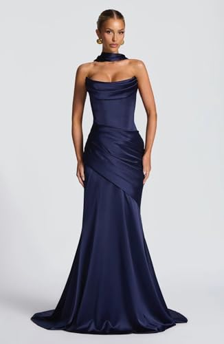 Strapless Satin Prom Dresses Corset Bridesmaid Dresses with Scarf Long Mermaid Formal Evening Gown4