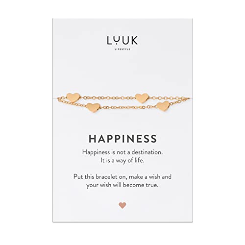LUUK LIFESTYLE 8” filigree Bracelet with heart-shaped pendants, symbol of love, delicate design, unique fashion accessory, ladies’ jewelry, stainless steel, adjustable length, Valentine’s Day, gold
