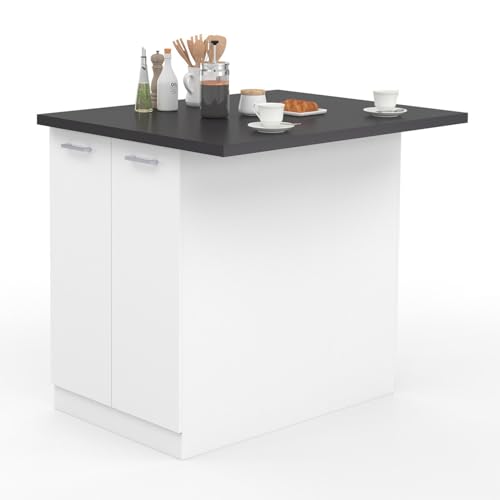 IDMarket - Ilot Central IVO 120 cm, color blanco con encimera gris antracita