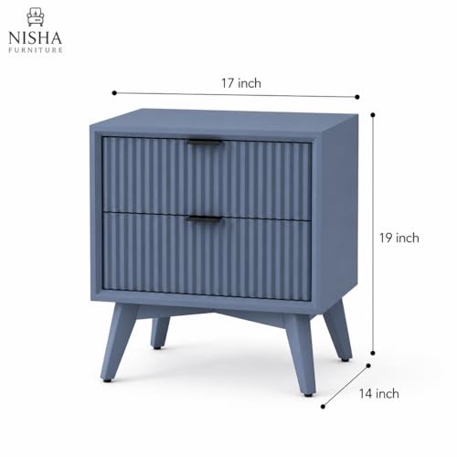 Image of Wooden Bedside Table for Bedroom | Wooden Bed Side Nightstand Lamp Table with 2 Drawers for Home & Hotels | End Side Table for Living Room | HDMR Premium Wood in Fluted- Grey Finish