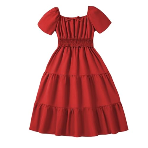 Vestidos de verano de manga abombada para niñas, cuello cuadrado, plisado, con volantes, acampanado, casual, elegante, faldas fluidas, cumpleaños, boda, fiesta, capas, C-rojo, 9-10 años
