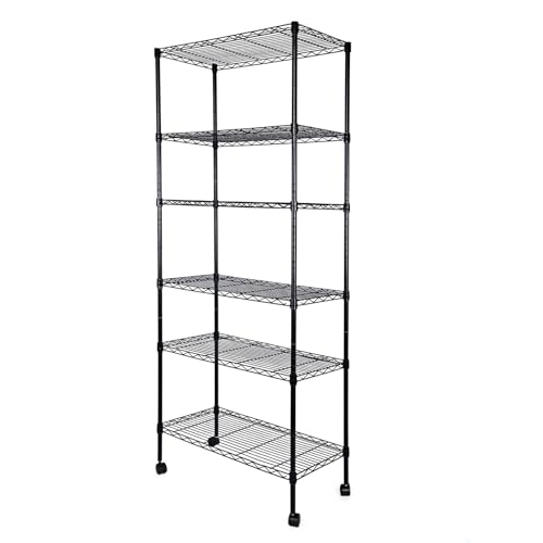 Simple Deluxe 6-Tier Shelving Units, 29.92'' W x 13.98'' D x 71.65'' H Adjustable Wire Shelving with Hanging Hooks and Wheels, Black