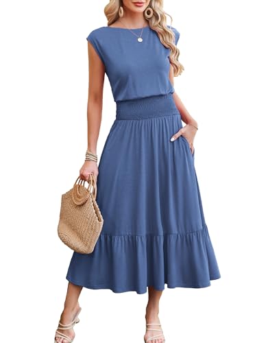 Image of Kikibell Womens Summer Dresses Cap Sleeve Elastic Waist Midi Dress with Pocket Long Causal Sundress Beach Vacation Outfits
