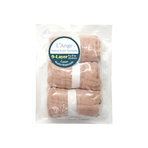 L'Ange Baby Washcloths and Burp Cloths Set - 3 Pack of 9 Layer 100% Cotton Muslin for Sensitive Skin - Super Absorbent - Medical Grade Packaging for Infants Newborns and Toddlers- 9x9 - Khaki2