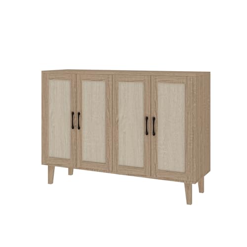 Panana Meuble de Rangement en Rotin et MDF, Buffets Haut Aspect avec 4 Portes sur Salon, Chambre, 127 x 38 x 83 cm (Bois)