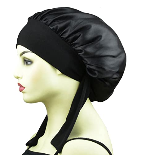 Silk Satin Bonnets For Women Curly Hair Cover Sleep Cap Satin Night Caps For Sleeping Girls Large Silk Bonnet With Tie Band Black #TOP1