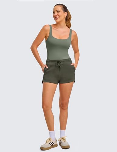 BAYDI Clouduxi Workout Tank Tops for Women-Square Neck Padded Crop Tops with Built in Bra Gym Athletic Yoga Shirts Grey Olive