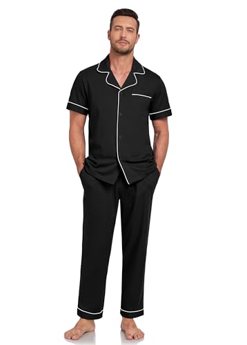 Image of COLORFULLEAF 100% Cotton Mens Pajamas Set Short Sleeve Loungewear with Long Pants Button Down Sleepwear Soft Comfy Pj for Men