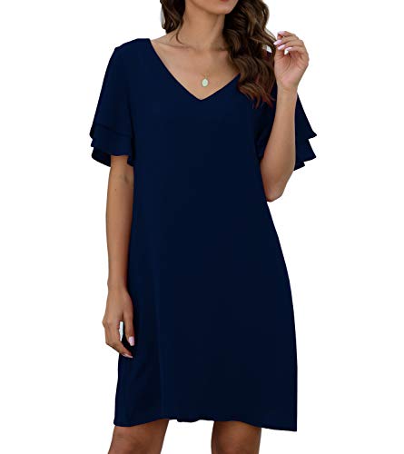 QIXING Women s Summer Casual Loose Mini Dress V-Neck Bell Short Sleeve Shift Dress Navy Blue-L