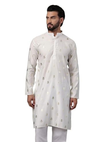 Image of SOJANYA (Since 1958 Men's Cotton Long Kurta with Golden Floral Motif Print