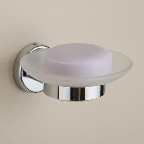 Image of Premium 304 Stainless Steel Soap Dish with Frosted Glass Bowl - Wall Mounted Soap Holder for Bathroom, Shower, and Kitchen | Rustproof Chrome Finish Luxury(Round-29)