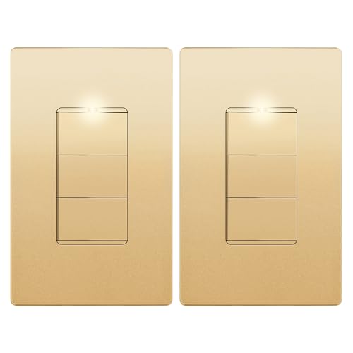Image of LIDER Lighted Triple Switch with Screwless Wall Plate, Combination Frameless Decorator Switch with Locator Light, Ground Terminal Single Pole, 15A 120V, UL Listed, Thermoplastic, Matte Gold, 2-Pack