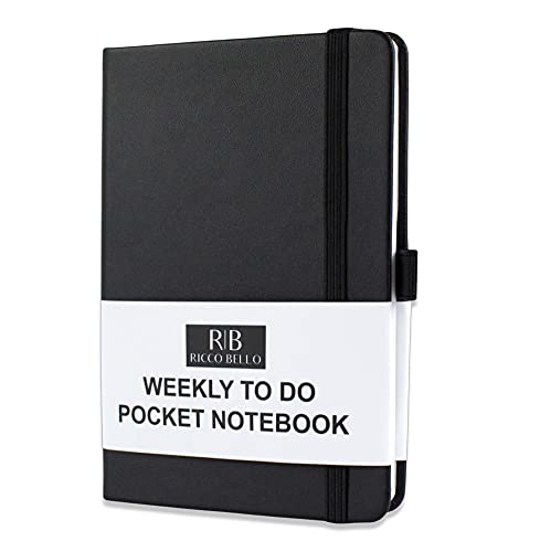 Ricco Bello Pocket Size Weekly to Do Planner Checklist Notebook, Vegan Friendly Faux Leather, Elastic Band Closure, Ribbon Bookmark, Storage Pocket, 100gsm Thick Paper, 4.25 x 6 inches (Black)