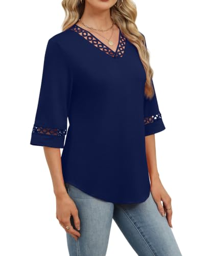 Image of WIHOLL Womens Tops Eyelet Lace V Neck 3 /4 Bell Sleeve Blouses Dressy Casual Work Shirt 2026 Summer Fall Fashion Clothing