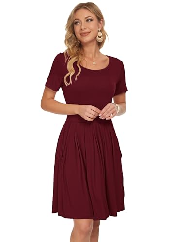 AUSELILY Wein Rot Kleider Damen Sommerkleid A Linie Kleid Casual Freizeitkleid Kurzarm Lose Fit M 2