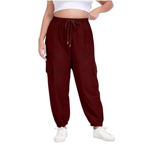 Womens Plus Size Cargo Sweatpants Casual Oversized Athletic Joggers Fashion Outfits Y2k High Waist Pants with Pockets Wine
