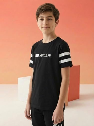 Image of Li'l Tomatoes Boys 100% Cotton Night Suit Set | Half Sleeve T-Shirt & Shorts | Color Block & Typography Print | Soft & Breathable Sleepwear | Casual Summer Wear | 9-16 Years
