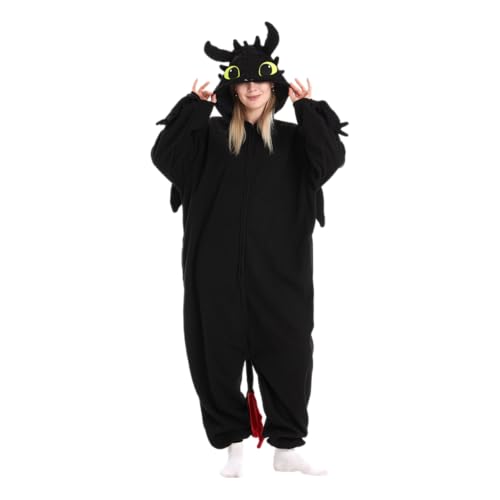 XELNOL Unisex Adult Onesie Dragon Animal Pajamas Halloween Cosplay Costumes Cartoon Costumes Party Wear(HS Dragon-S) Black