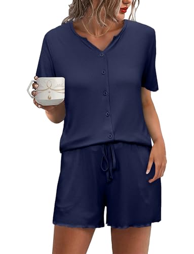 Demegimi Schlafanzug Damen Pyjama Set Kurz Baumwolle Nachtwäsche V-Ausschnitt Zweiteiliger Sleepwear Sommer Kurzarm Pyjama mit Knöpfe S-XXL