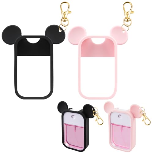 TERPINK 2 Pack Silicone Case Compatible with Touchland Hand Sanitizer Spray 1 fl oz, Mouse Design Protective Case with Keychain, Hand Sanitizer Spray Accessory (Black+Pink)