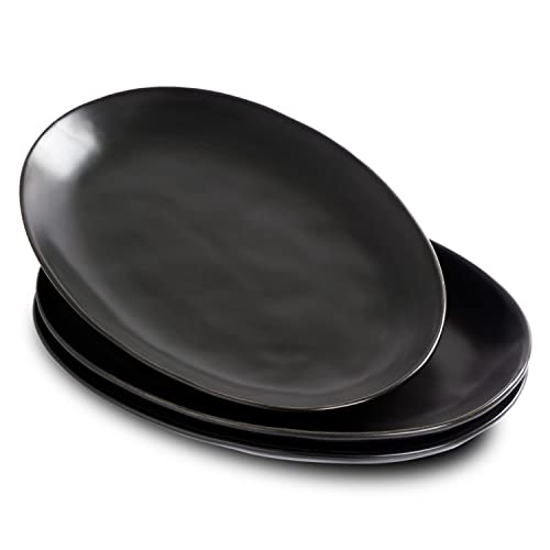 Magclay Lot de 3 grands plateaux de service ovales en porcelaine, 30,5 cm, pour dessert, amuse-bouches, viande, divertissement, fête, noir mat