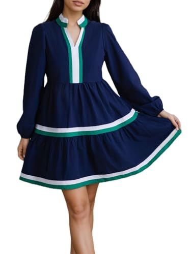 Womens Puff Long Sleeve Babydoll Dress V Neck Navy Blue Striped Color Block Tiered Mini Dresses2