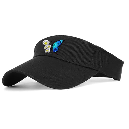Image of Butterfly Flower Visor Hat Black Women Running Visors Adjustable Size Stylish Sunflower Tennis Summer Sun Visors for Men Boy