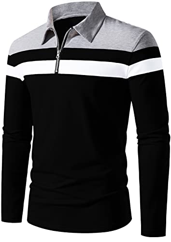 A Waterwang Men's Long/Short Sleeve Polo Shirt Slim Fit Shirts Activewear Polos Zip Collar T Shirts Cotton Tops Golf Shirt #TOP1