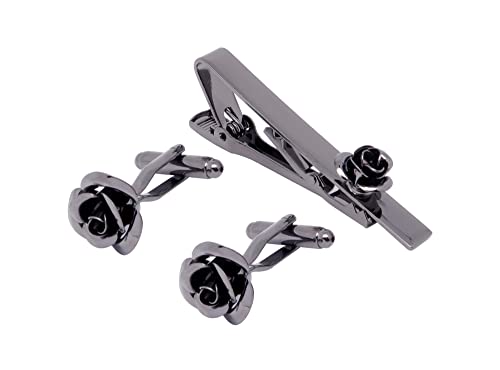 Jonwo Rose Flower Cufflinks and Tie Pin Set Regular Necktie Tie Clip Tie Bar Men Cufflinks for Wedding Business Shirt Tie (Gunmetal Cufflinks Tie Pin Set)