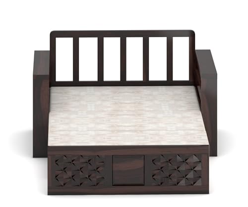 Image of Solid Wood Sofa Cum Bed for Living Room | Modern Wooden Pull-Out Diwan Bed with Cushioned Seating | Convertible 2 Seater Sofa Bed for Home & Guest Room (Walnut Finish)
