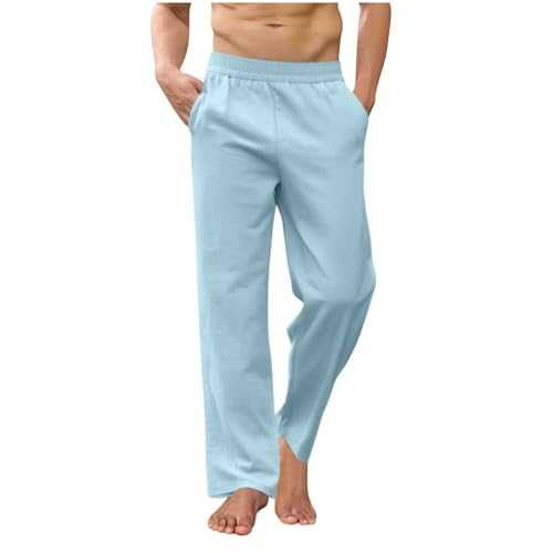 Cambkatl Men’s Straight Linen Business Casual Beach Pants Loose Elastic Waist Lightweight Vacation Trousers with Pockets
