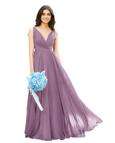 Image of HSFIYAKJ Bridesmaid Dresses Long Chiffon Formal Dress Open Back V Neck Evening Prom Gown for Women with Pockets