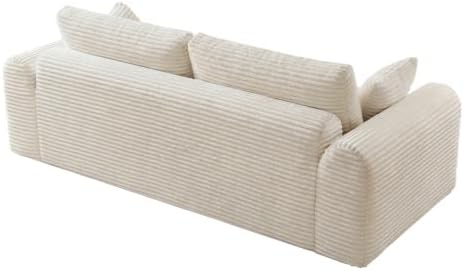 Modern 3 Seater loveseat Sofa, Comfy Deep Seat Boneless Couch with 2 Pillows, Plush Corduroy Fabric couches for Living Room, Bedroom and Apartment (White, 86.6" Seater Sofa)