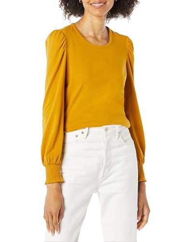 Amazon Essentials Women's Long-Sleeve Crewneck Smocked Cuff T-Shirt, Tobacco Brown, X-Large