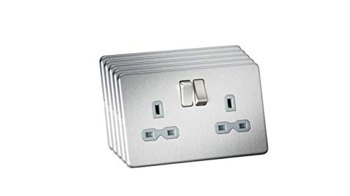 Prise 13A 2G DP chrome brossé avec insert gris sans vis - 2