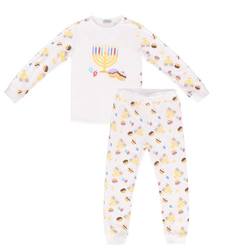 SHALHEVET LIGHT Kids Hanukkah Matching Shirt and Pants Set – Festive Dreidel & Menorah Print Hanukkah Chanukah Outfit for Boys & Girls - Kids Size 8