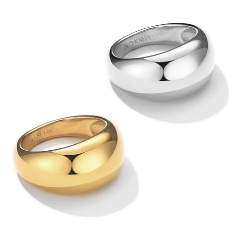 NOKMIT Chunky Dome Rings for Women Dainty 14K Gold Silver Tone Cute Bold Dome Statement Ring Thick Minimalist Thumb Band High Polished Smooth Comfort Fit (Thick Gold & Silver 7)