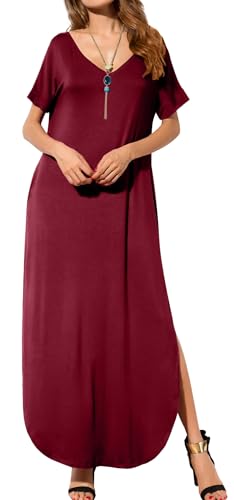Image of GRECERELLE Women's Summer Maxi Dress Casual Loose V Neck Short Sleeve Side Split Long Dresses with Functional Pockets
