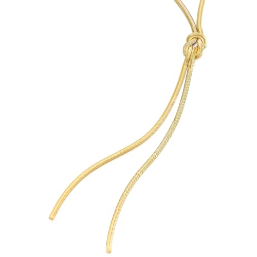 COOLSTEELANDBEYOND Gold Color Knot Lariat Necklace, Y-chain Necklace Drop Tassels, Statement Layering, Snake Chain4